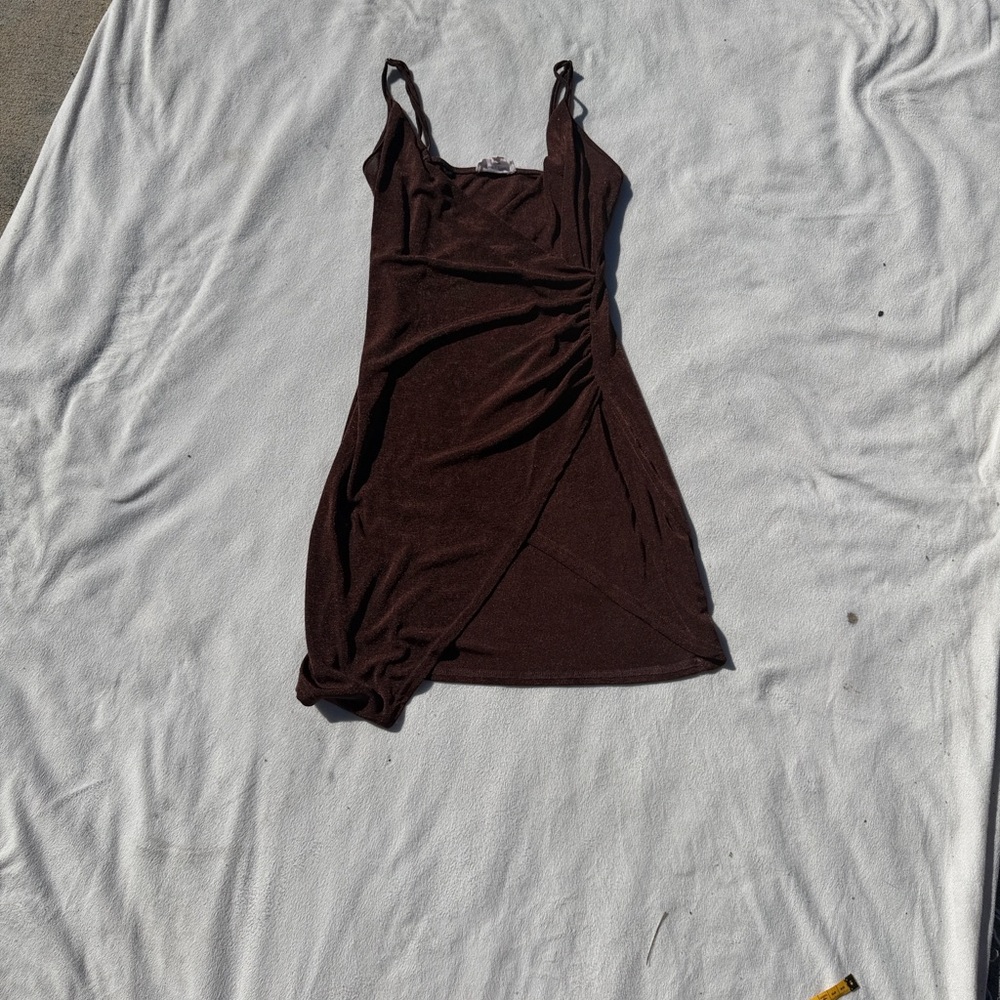 Chic Brown Ruched Mini Dress - Picture 6 of 7